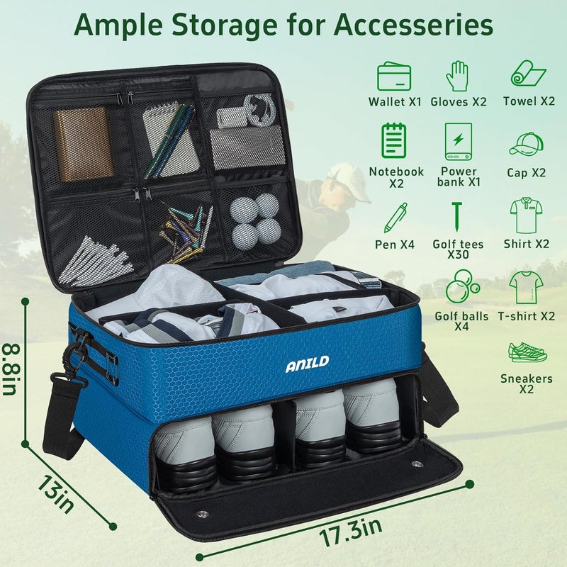 ANILD Golf Trunk Organizer, 2 Layer Golf Storage Case with Separate Ventilated Compartment for 2 Pair Shoes, for Balls, Tees, Clothes, Gloves, Accessories, Golfer Gifts - Image 2